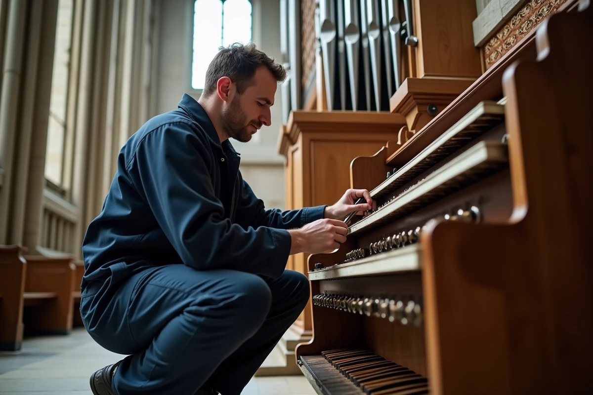 Accordeur d'orgue professionnel travaillant à l'intérieur d'un grand orgue à tuyaux dans une cathédrale gothique