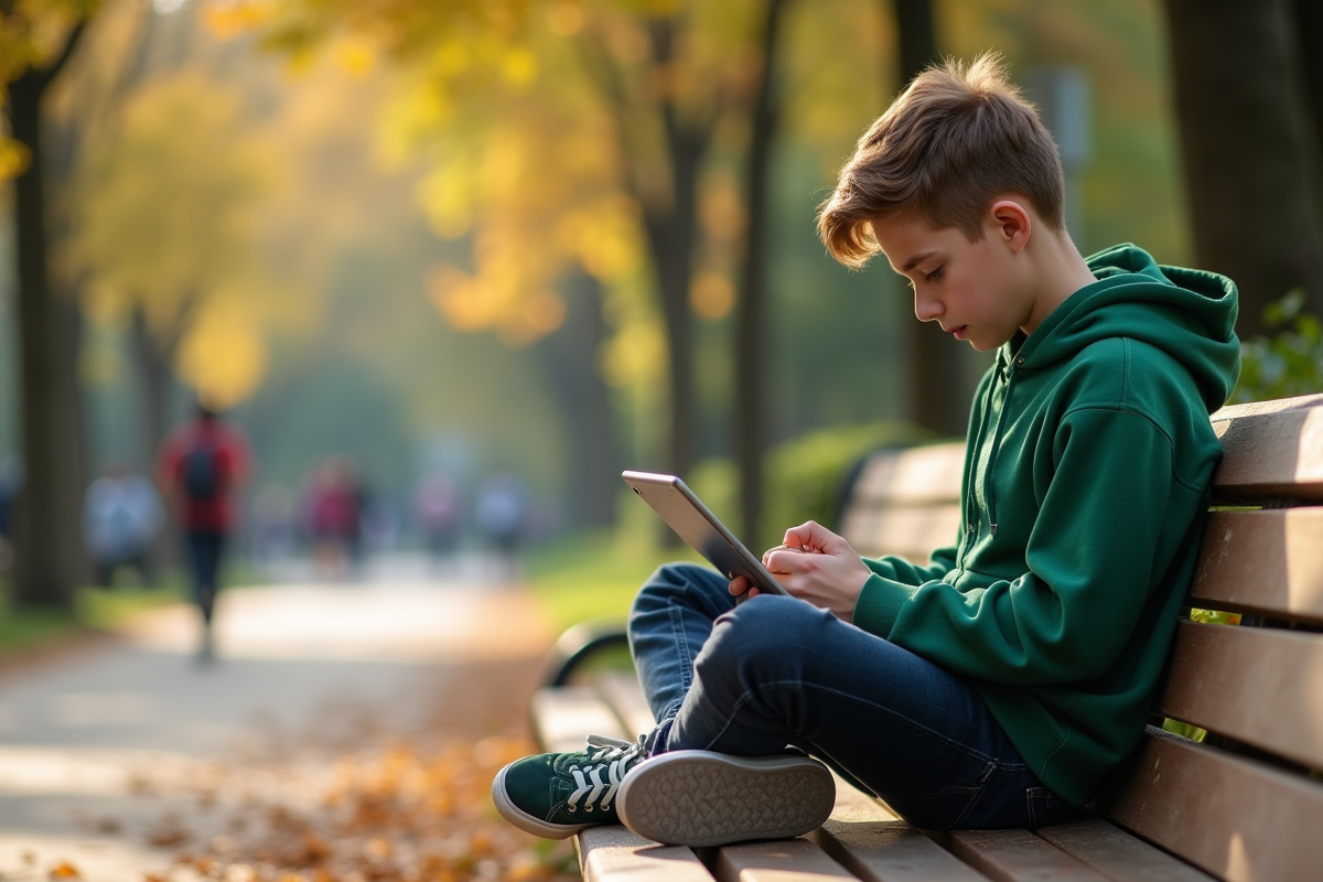 Adolescent utilisant une tablette dans un parc urbain