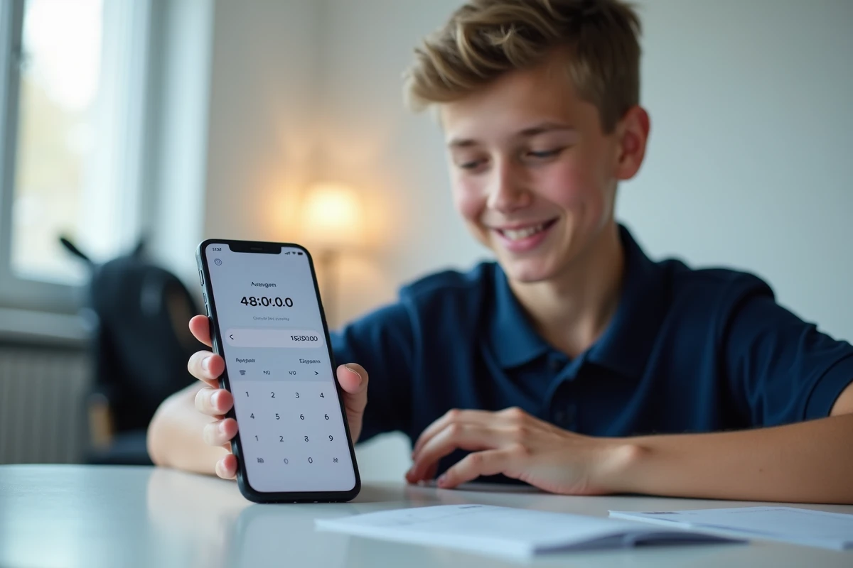 Adolescent utilisant une calculatrice de moyenne sur smartphone à côté de son bulletin scolaire posé sur un bureau blanc