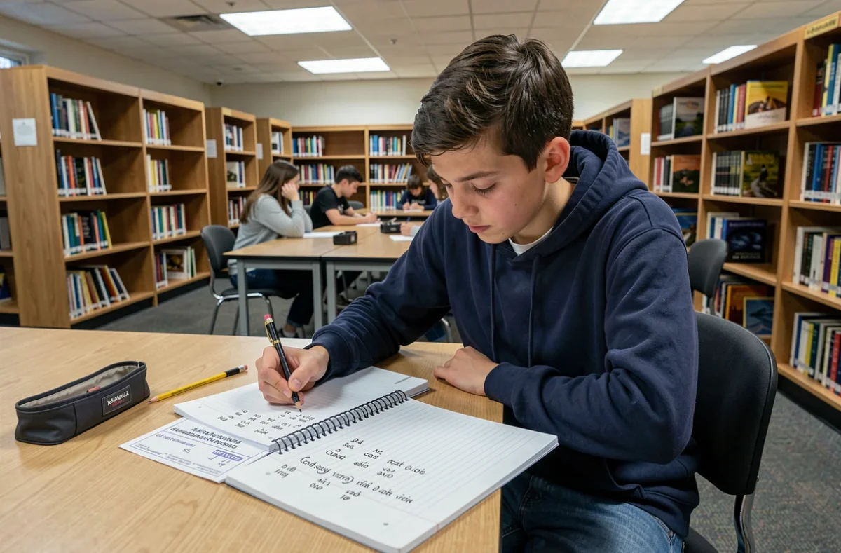 Adolescent prenant des notes sur les conjugaisons de verbes espagnols dans une bibliothèque scolaire avec une fiche imprimée