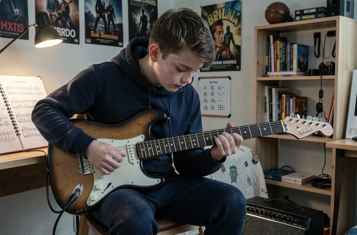 Adolescent apprenant les accords de Let It Be à la guitare électrique en suivant un cahier de tablatures ouvert sur un bureau dans sa chambre