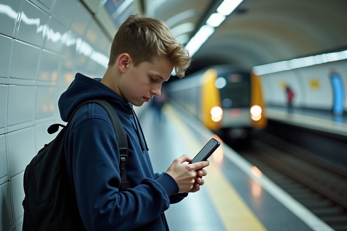Adolescent naviguant sur Ent.ile-de-france.fr depuis son smartphone dans le métro parisien