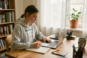 Adolescente concentrée sur son ENT scolaire depuis son bureau à la maison, prenant des notes dans un cahier