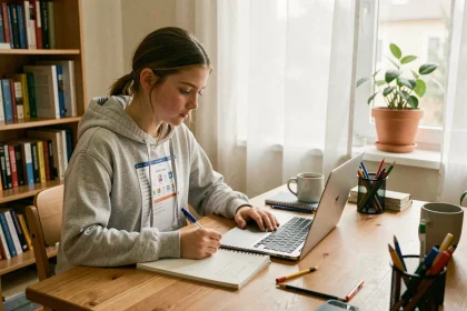 Adolescente concentrée sur son ENT scolaire depuis son bureau à la maison, prenant des notes dans un cahier