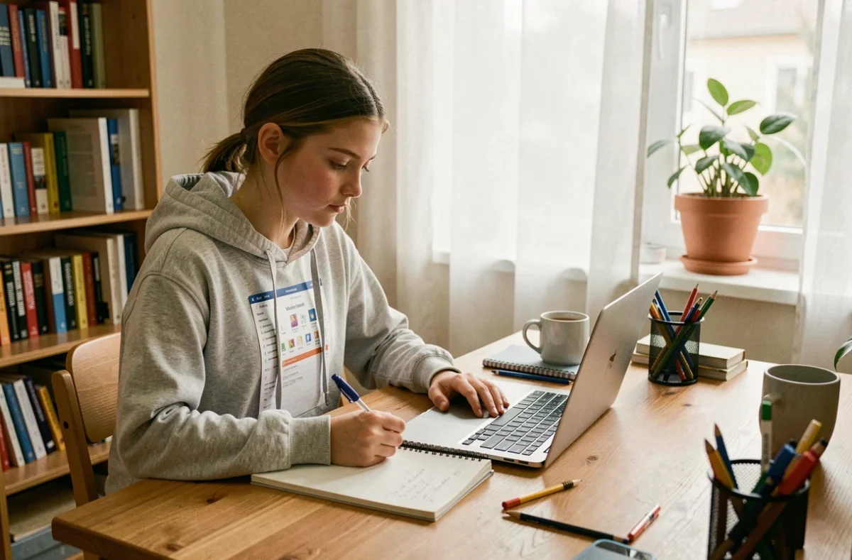 Adolescente concentrée sur son ENT scolaire depuis son bureau à la maison, prenant des notes dans un cahier