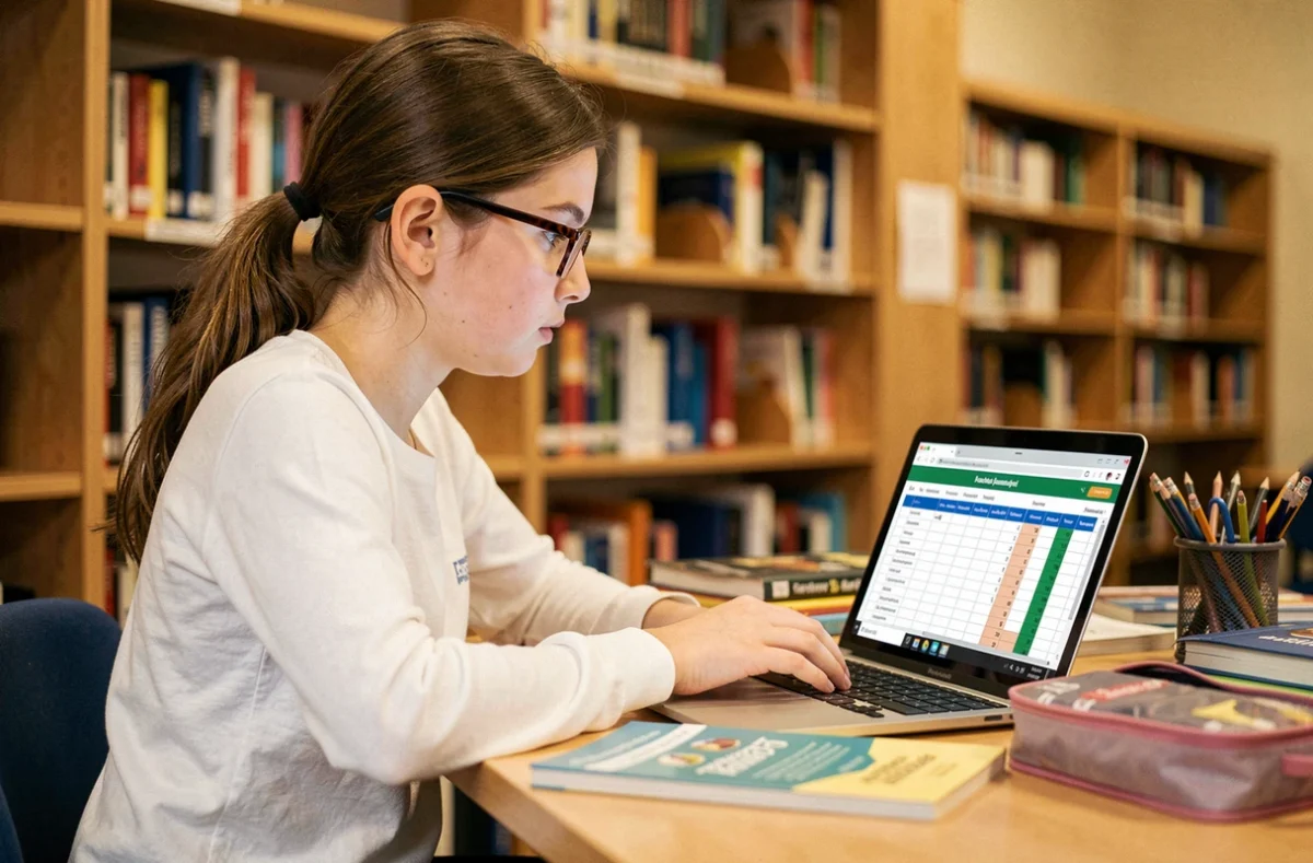 Adolescente qui consulte ses notes sur un ordinateur portable pour anticiper son résultat final au brevet des collèges