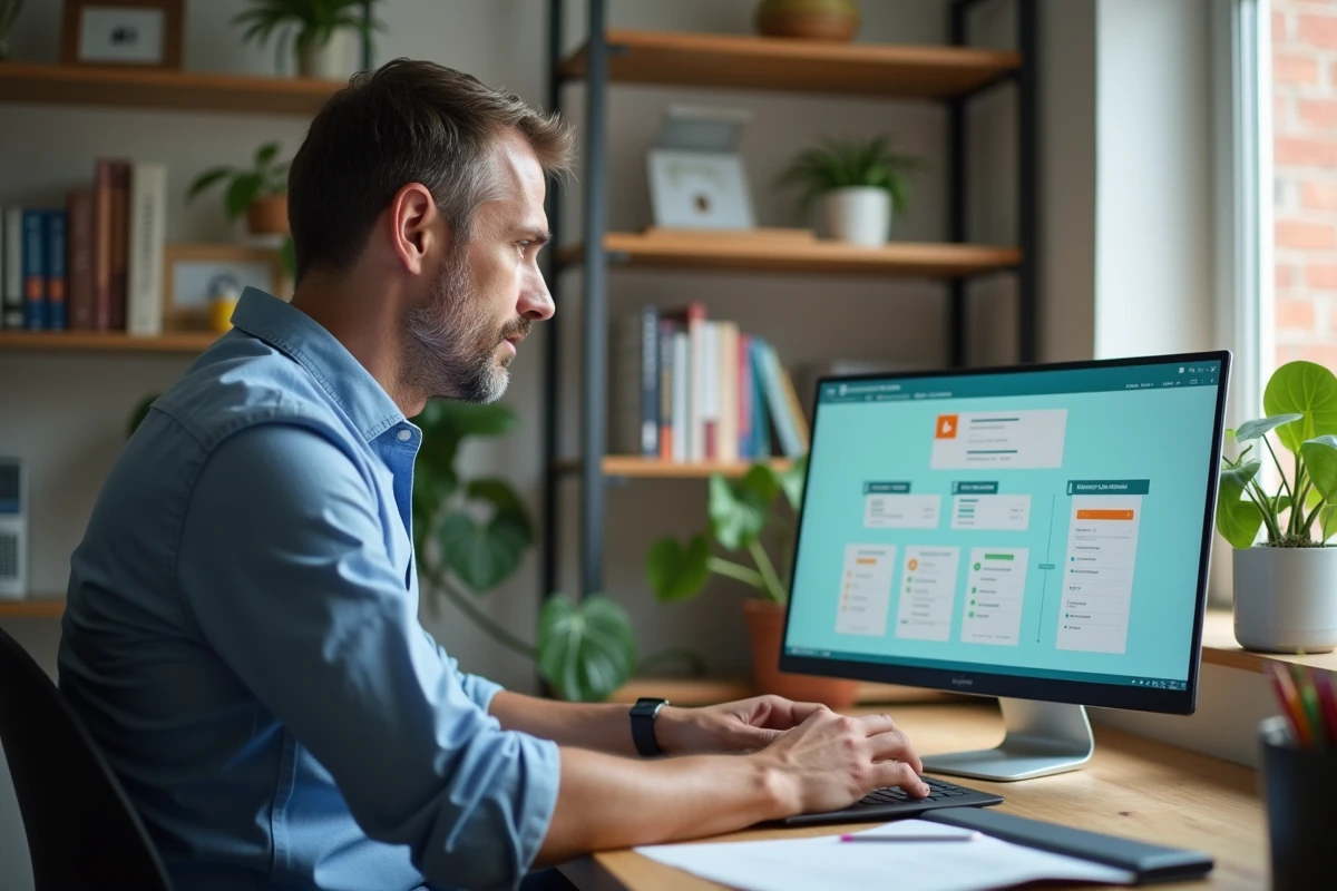 Adulte en formation à distance suivant ses cours sur Moodle depuis son bureau à domicile