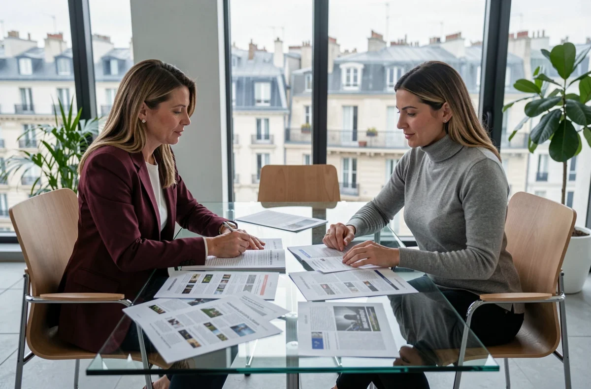 Deux professionnelles lyonnaises analysant des fiches concurrentes d'un annuaire en ligne lors d'une réunion stratégique