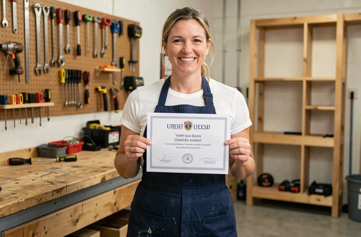 Femme souriante tenant un certificat de formation bricolage dans un atelier de garage bien équipé