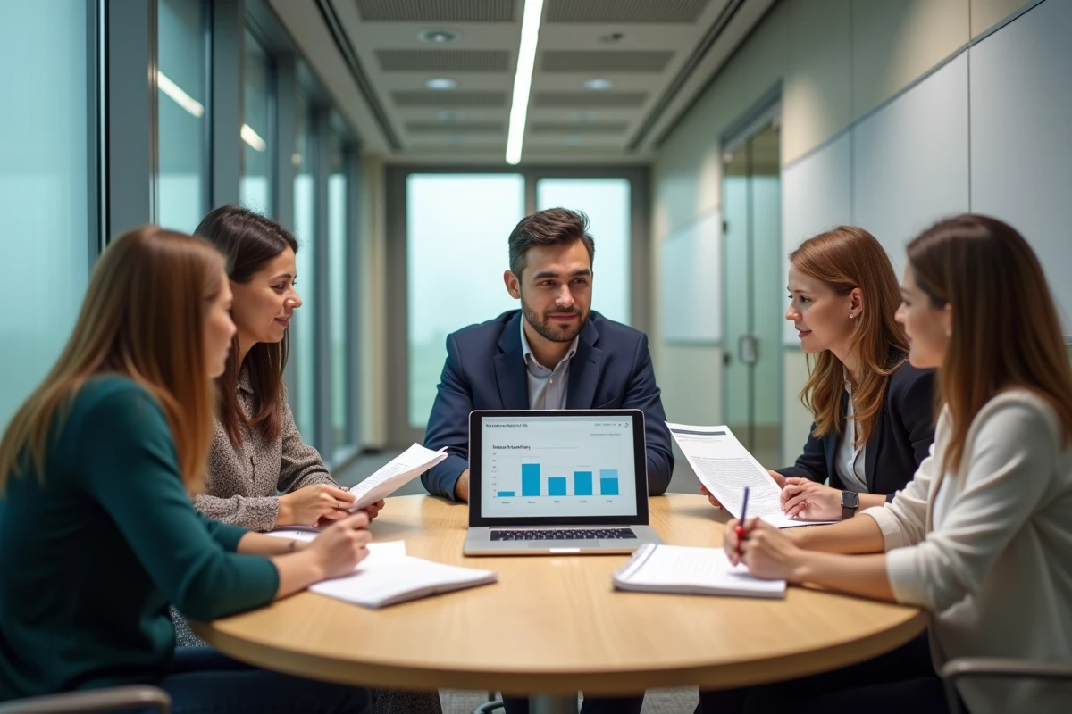 Groupe d'apprenants en centre de formation analysant des rapports de suivi individuels autour d'une table avec une tablette affichant un logiciel de gestion