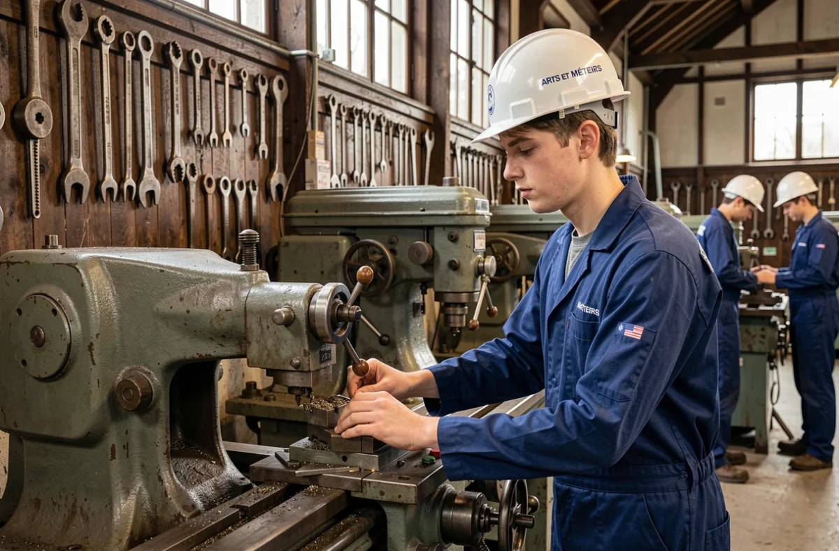 Étudiant en ingénierie industrielle opérant une fraiseuse manuelle dans l'atelier emblématique du campus Arts et Métiers d'Angers