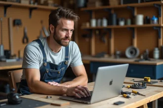 Bricoleur débutant consultant la plateforme Bricoludik.fr sur un ordinateur portable dans son atelier de garage