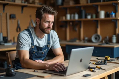 Bricoleur débutant consultant la plateforme Bricoludik.fr sur un ordinateur portable dans son atelier de garage