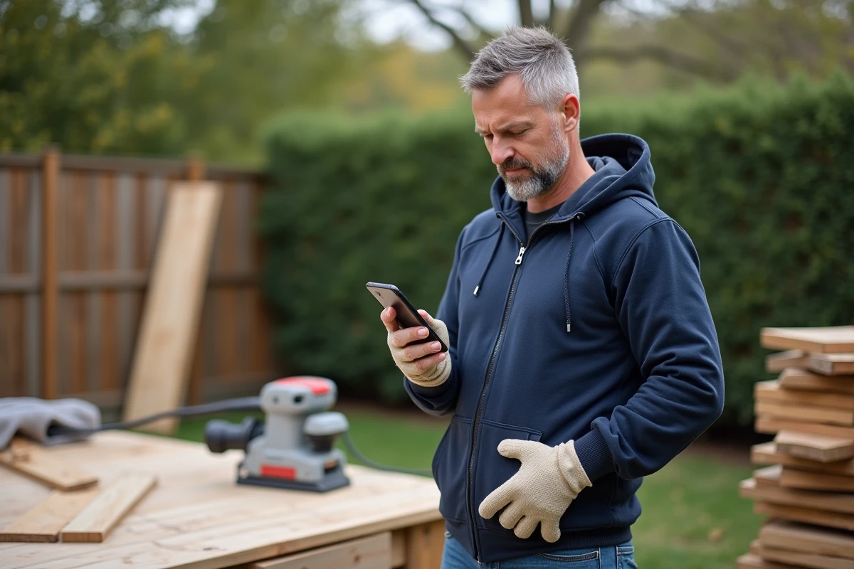 Bricoleur consultant la plateforme DIY Bricoludik sur smartphone lors de la rénovation d'une terrasse en bois