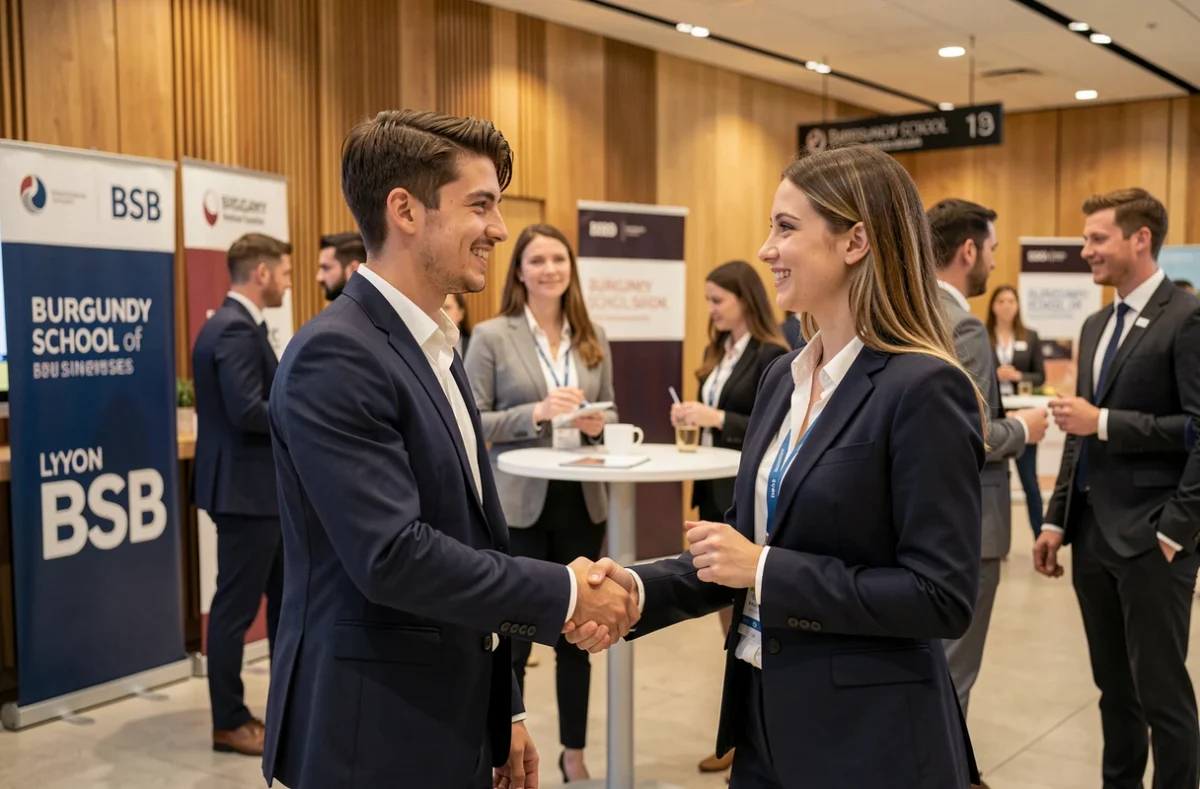 Deux étudiants en train de se serrer la main lors d'un événement networking au campus lyonnais du Burgundy School of Business