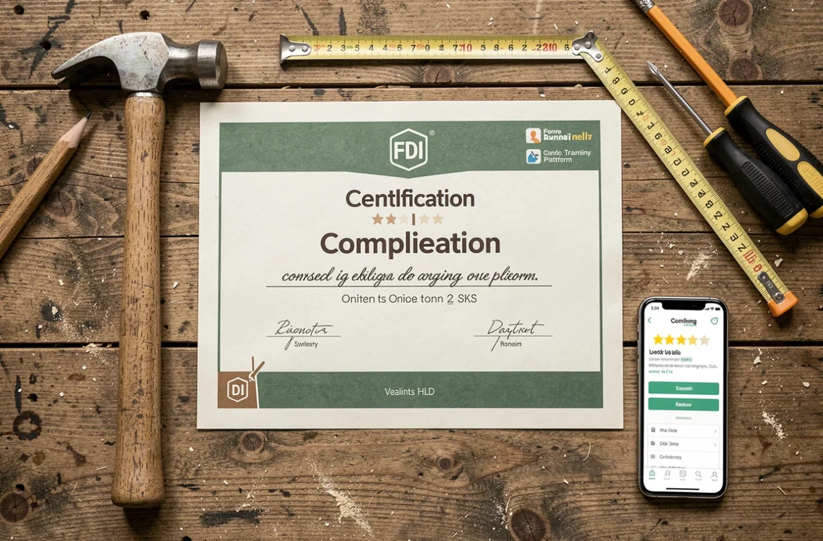 Vue en plongée d'un certificat de formation bricolage posé sur un établi en bois entouré d'outils manuels et d'un smartphone affichant des avis