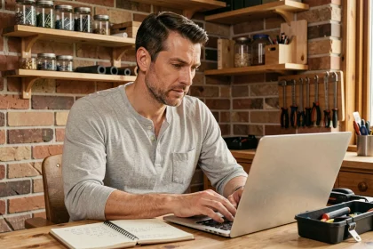 Homme adulte étudiant une certification bricolage en ligne sur un ordinateur portable dans un atelier domestique organisé