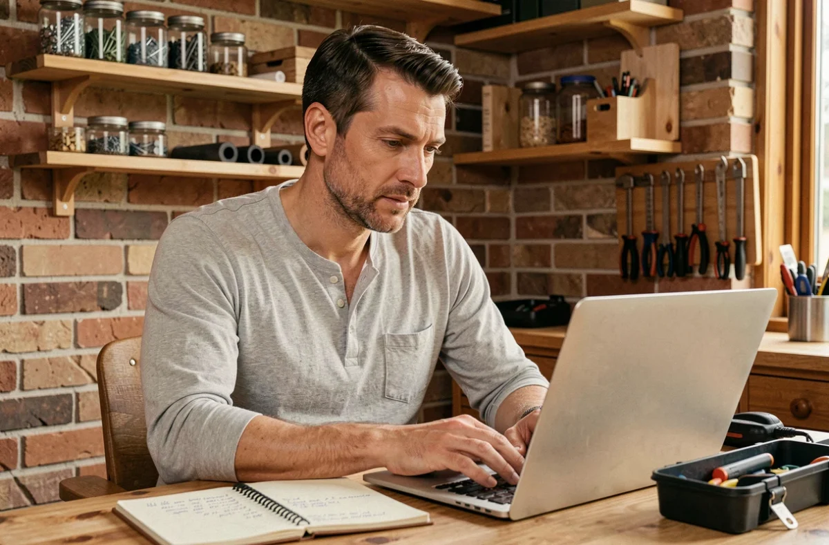 Homme adulte étudiant une certification bricolage en ligne sur un ordinateur portable dans un atelier domestique organisé