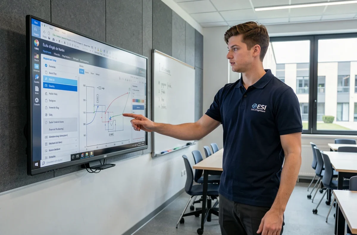 Étudiant présentant un projet technique sur écran tactile dans une salle de cours moderne du campus CESI Nantes