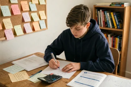 Collégien concentré qui calcule sa moyenne du brevet des collèges avec une calculatrice et des feuilles de notes sur son bureau