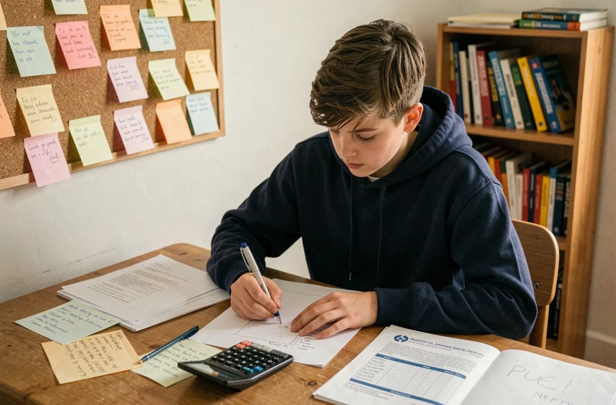 Collégien concentré qui calcule sa moyenne du brevet des collèges avec une calculatrice et des feuilles de notes sur son bureau