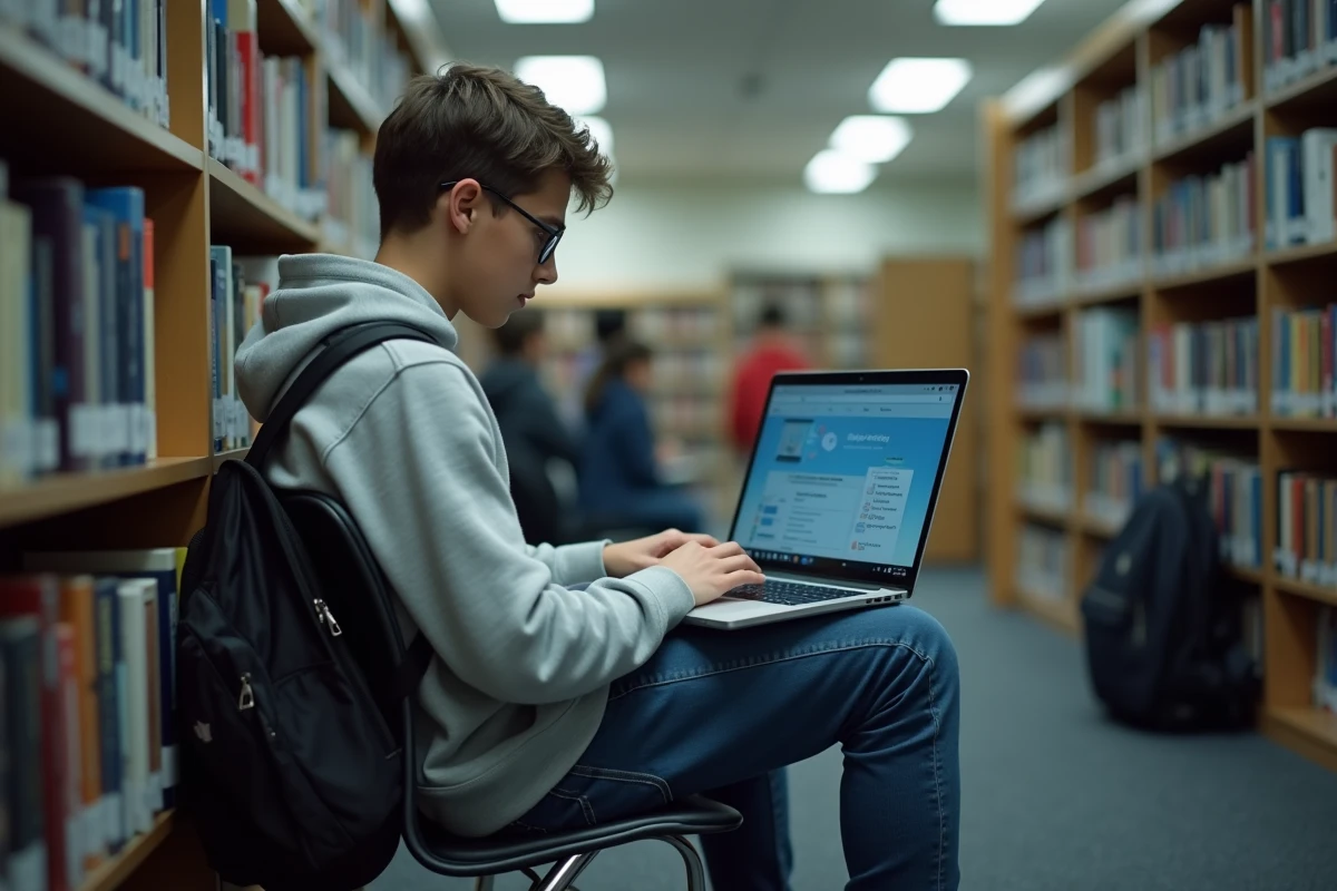 Collégien travaillant sur l'ENT 45 depuis un ordinateur portable dans une bibliothèque scolaire
