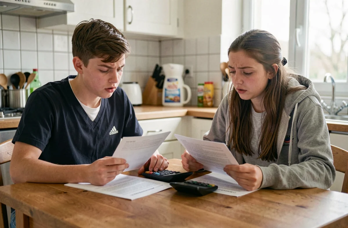 Deux collégiens qui révisent ensemble leurs notes de contrôle continu pour calculer leur moyenne au brevet des collèges