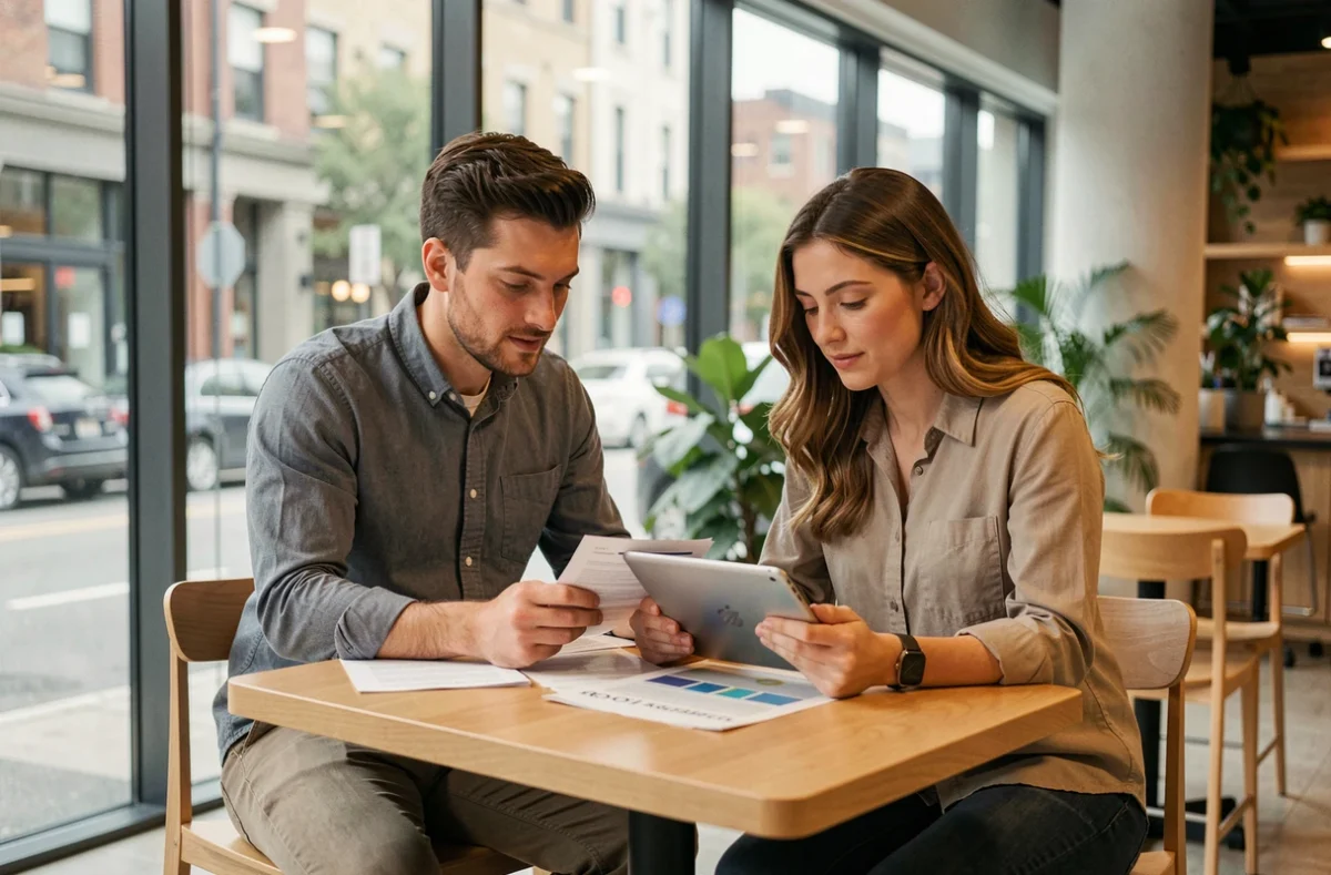 Deux étudiants comparant des supports de cours dans un centre de formation moderne pour choisir leur parcours professionnel