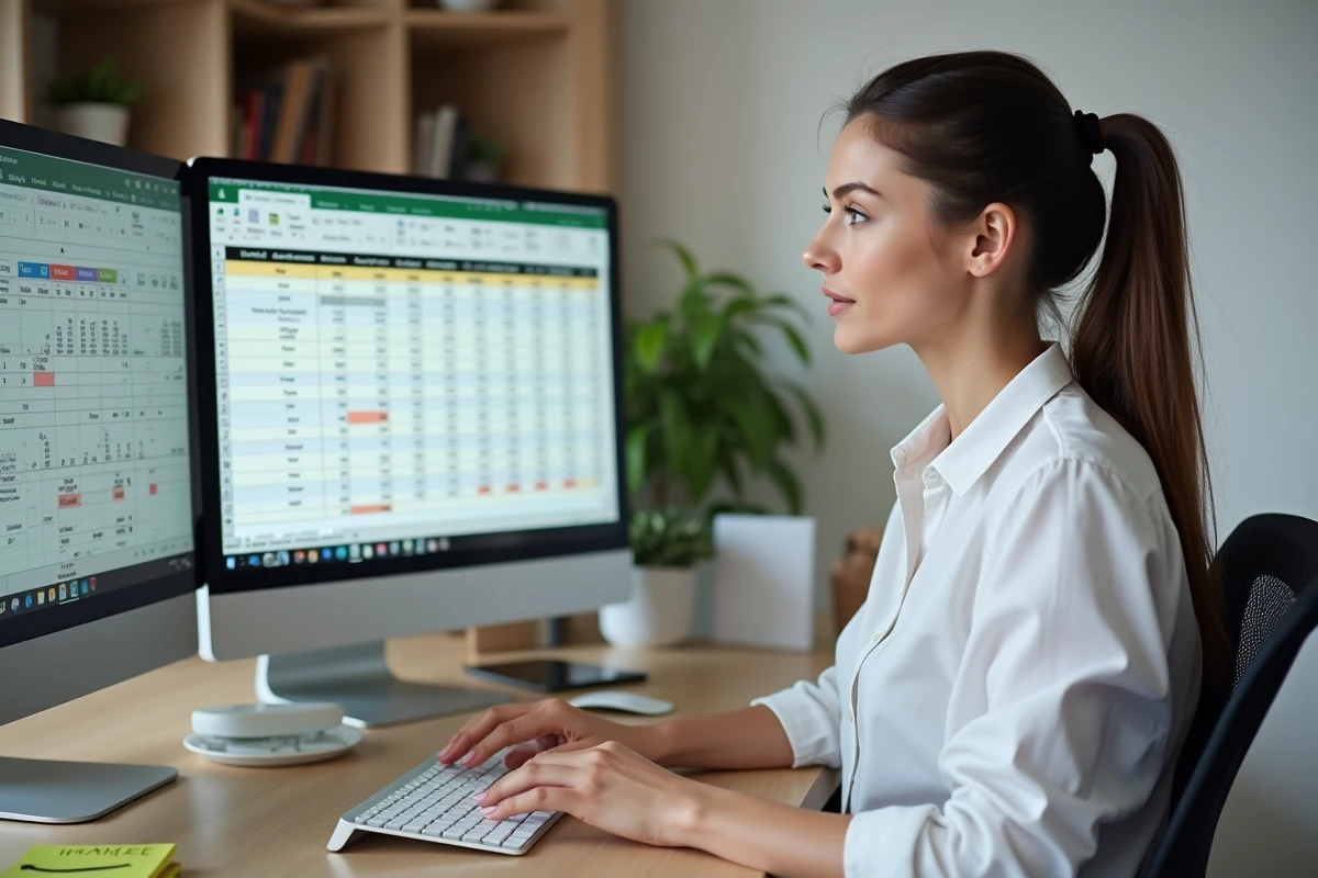 Femme comparant un tableur Excel et une calculatrice de moyenne en ligne sur deux écrans dans un bureau à domicile