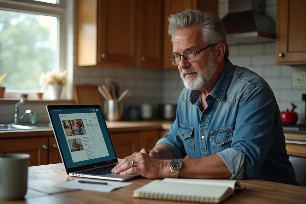 Homme senior comparant une formation bricolage en ligne sur ordinateur portable avec ses notes manuscrites