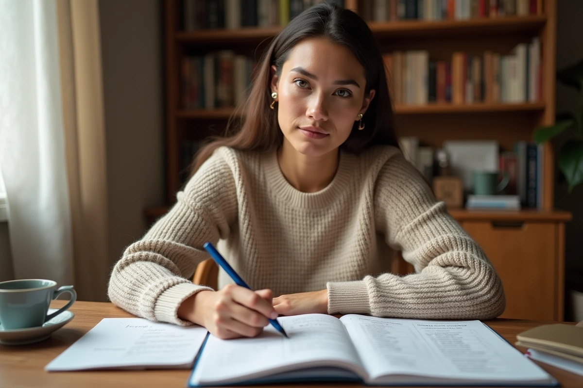 Femme étudiant la conjugaison du verbe rejoindre au passé simple avec des cahiers de grammaire française ouverts sur un bureau en bois