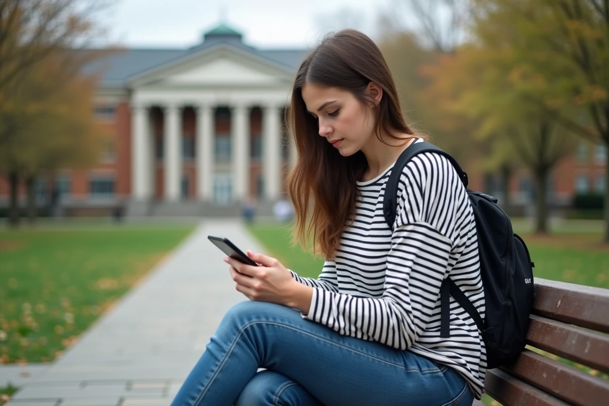 Jeune femme se connectant à l'ENT AMU sur smartphone en extérieur sur le campus universitaire