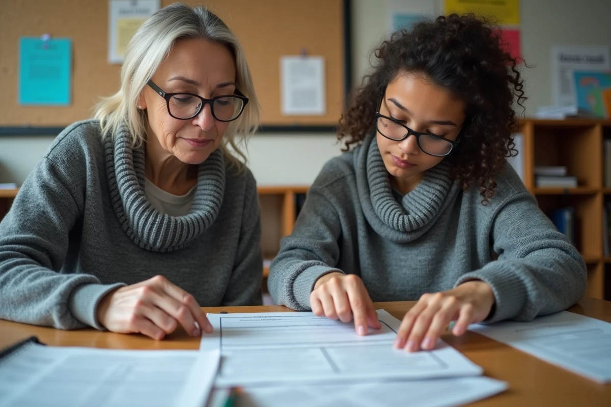Conseiller scolaire aidant un eleve a remplir un formulaire