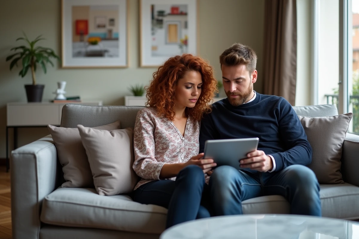 Couple consultant une tablette numérique sur un canapé pour récupérer l'accès à leur compte sur un portail immobilier comme MelOuvert Orléans Tours