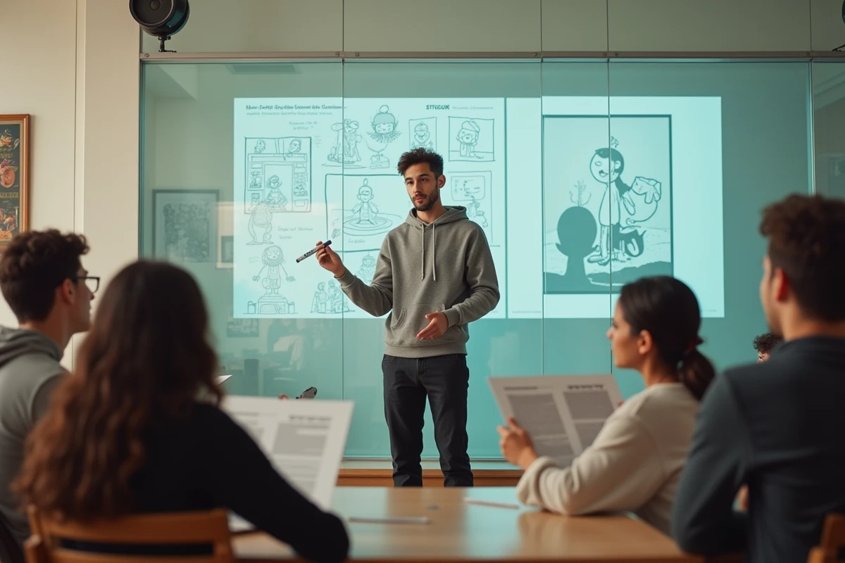 Critique de groupe d'étudiants en animation aux Gobelins Paris autour d'un tableau de timing d'animation