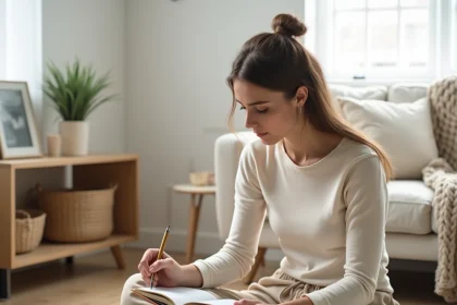 Femme pratiquant le développement personnel avec un journal de bien-être dans un salon minimaliste scandinave