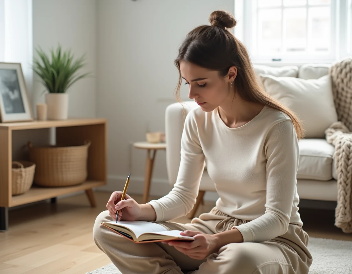 Femme pratiquant le développement personnel avec un journal de bien-être dans un salon minimaliste scandinave