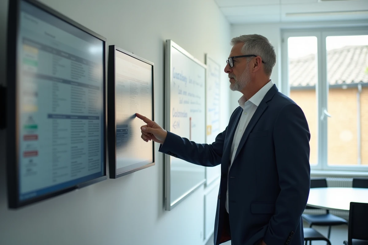 Directeur d'établissement utilisant le logiciel LSU ac Versailles dans la salle des professeurs pour optimiser la saisie des appréciations