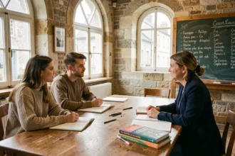 Groupe d'étudiants adultes en cours de langue française dans une école de langues en Bretagne avec murs en pierre
