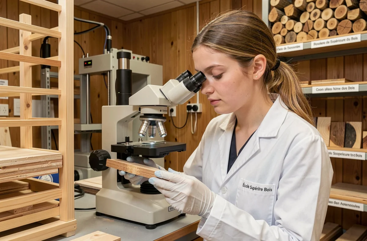 Étudiante analysant un échantillon de matériau bois sous microscope dans le laboratoire de l'École Supérieure du Bois