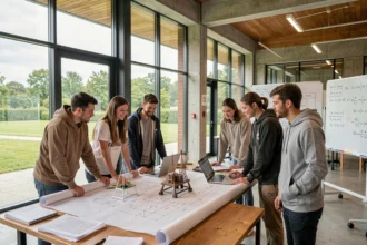 Étudiants en ingénierie collaborant autour de plans techniques dans un hall universitaire moderne des Pays de la Loire