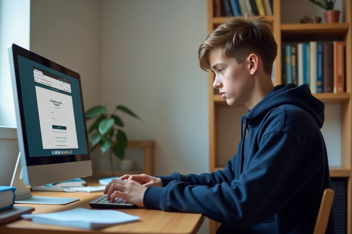 Adolescent essayant de se connecter au portail scolaire ENC OZE 92 depuis son bureau à la maison