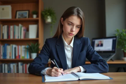 Jeune lyceen en blazer blanc ecrivant une lettre de motivation