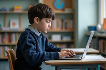 Gar&ccedil;on de 12 ans en classe moderne utilisant un ordinateur portable