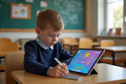 Élève de primaire utilisant une tablette sur l'ENT 45 dans une salle de classe colorée