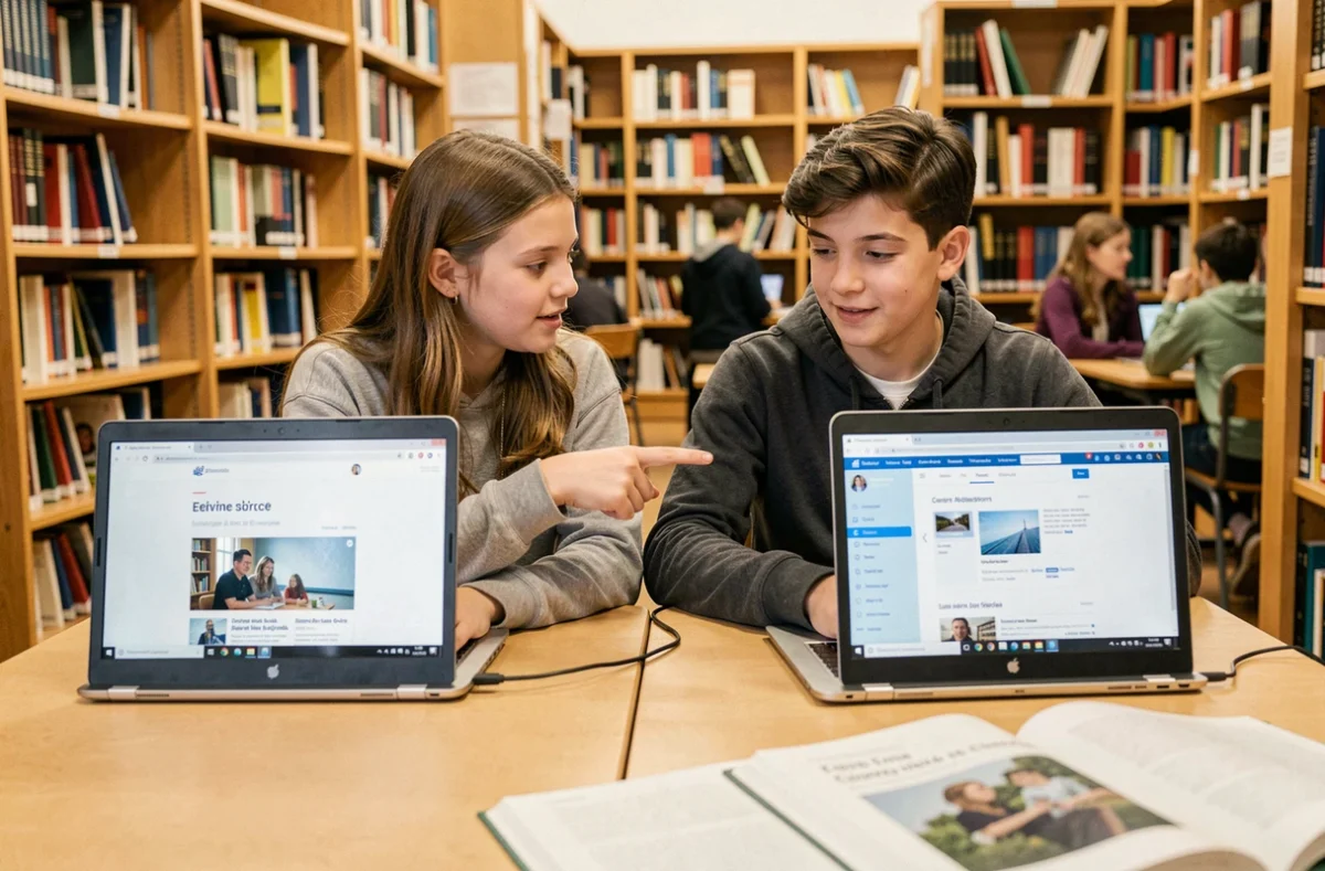 Deux élèves de collège utilisant des plateformes numériques éducatives sur leurs ordinateurs portables dans une bibliothèque scolaire