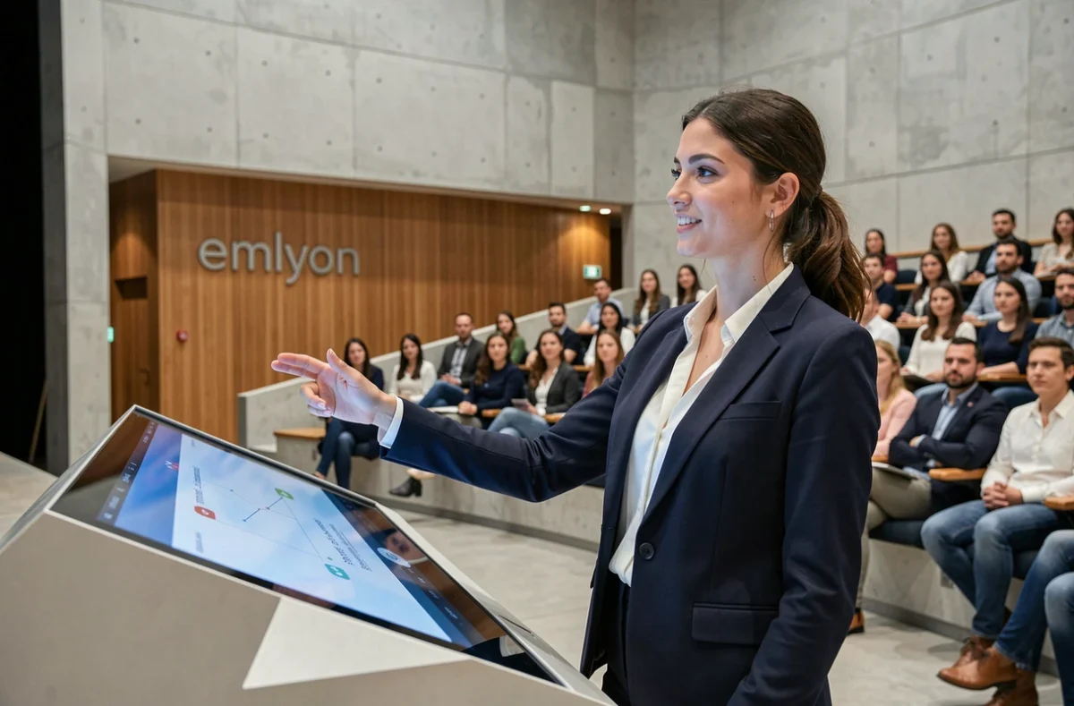 Étudiante présentant une stratégie commerciale dans l'amphithéâtre moderne d'emlyon business school