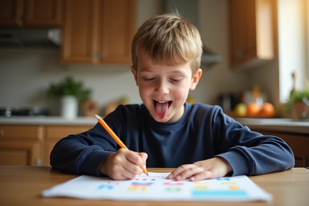 Enfant de CE1 concentré sur un exercice imprimé à la table de cuisine