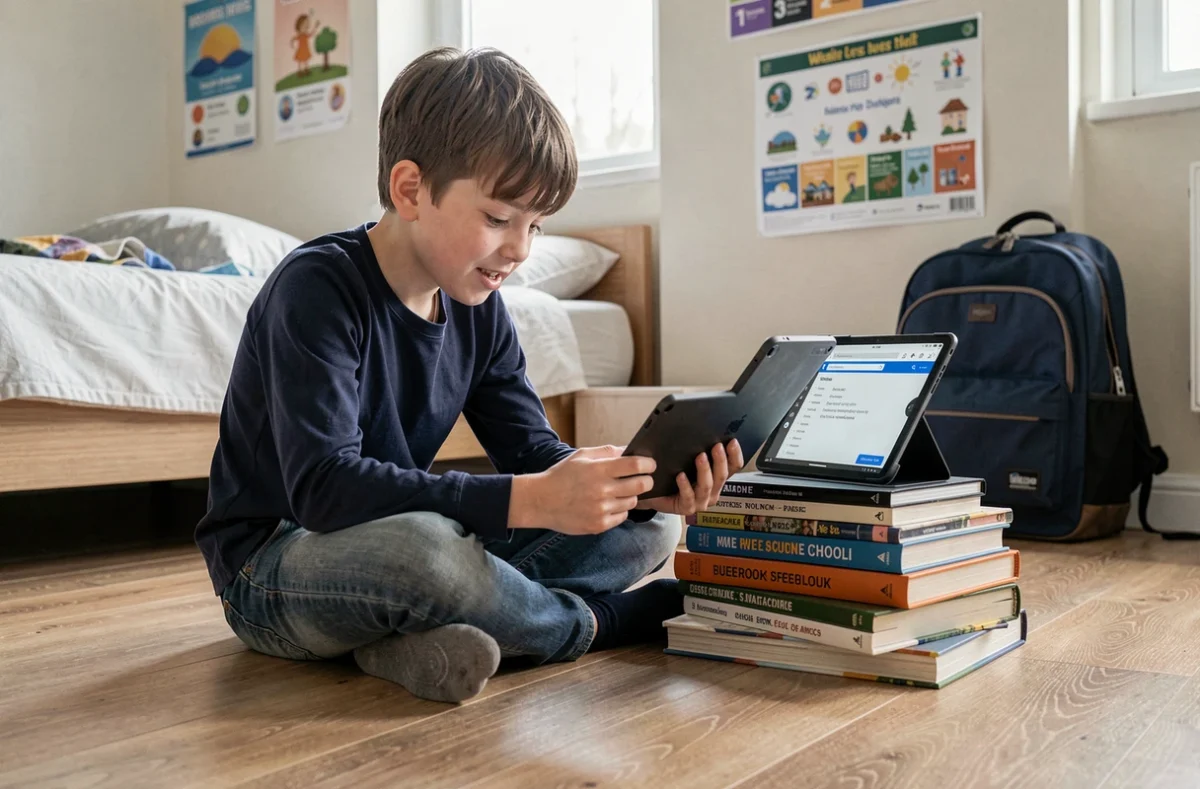 Jeune garçon utilisant une tablette pour accéder à l'ENT depuis sa chambre, assis sur le sol entouré de manuels