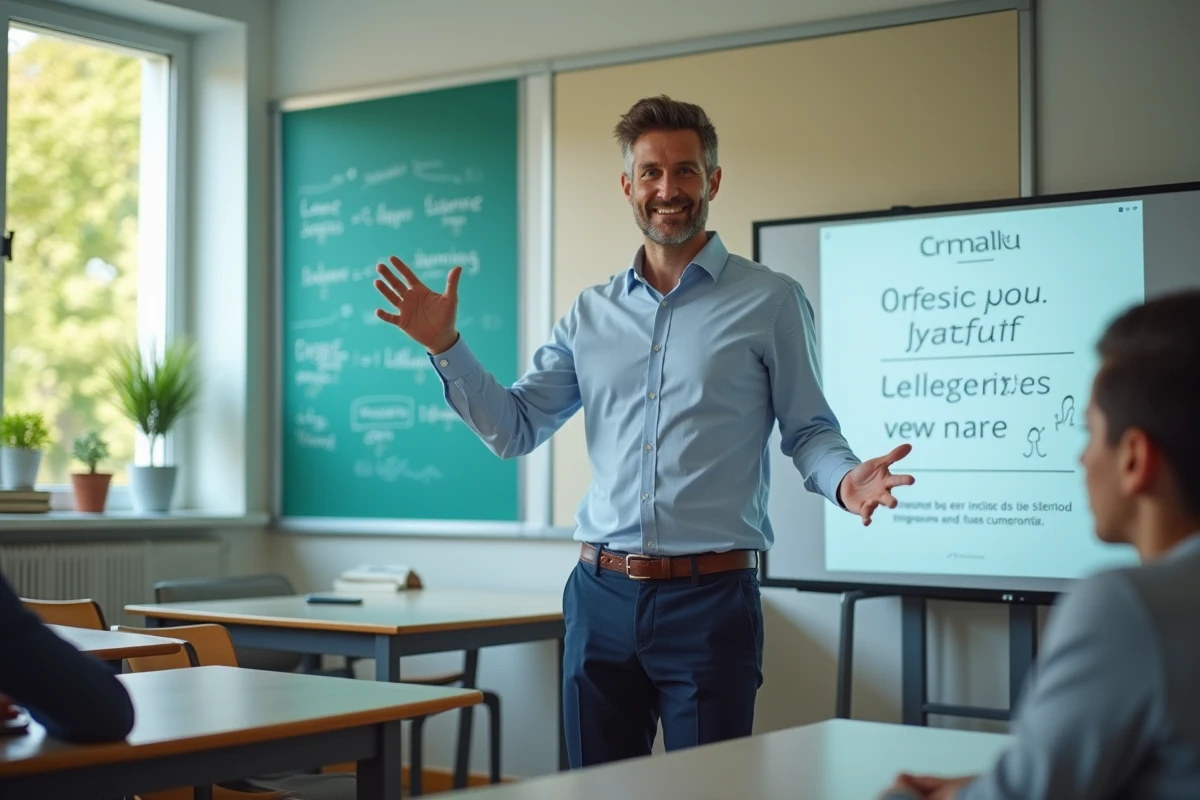 Enseignant devant un tableau num&eacute;rique en classe moderne